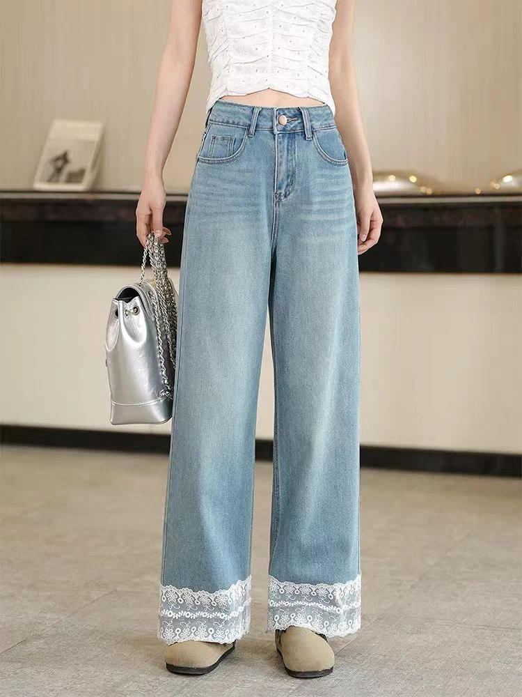 【丹宁系列】2025新款蕾丝花边水洗牛仔裤直筒