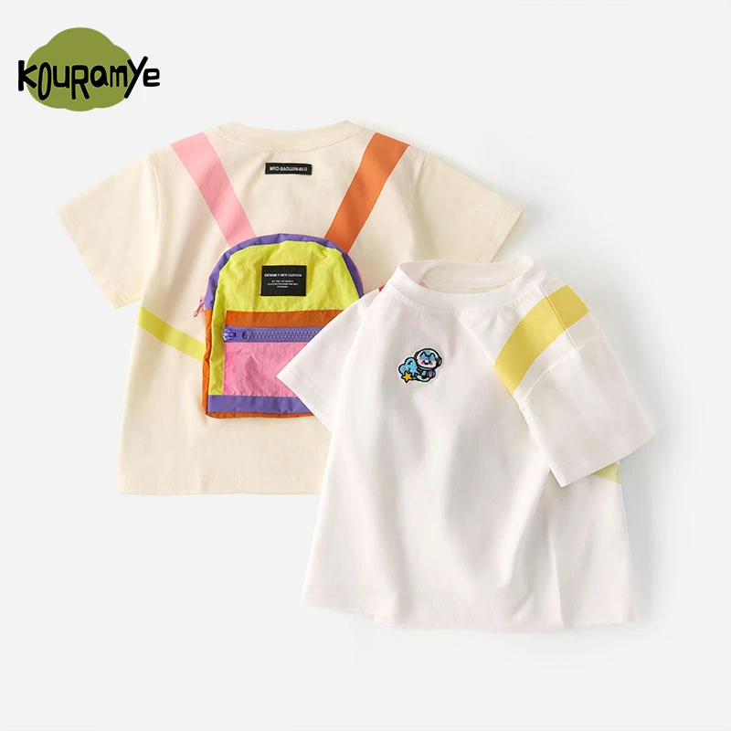 酷娃米2025年夏季新款中小童撞色假两件卡通背包T恤20830
