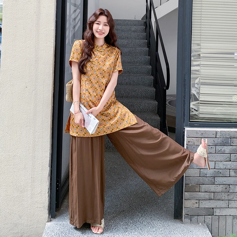 新中式国风印花衬衫阔腿裤套装女2025夏季新款显瘦洋气绝美两件套