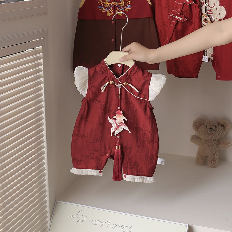 抓周婴儿衣服红色喜庆周岁宴宝宝夏季薄款连体衣国风礼服夏装哈衣