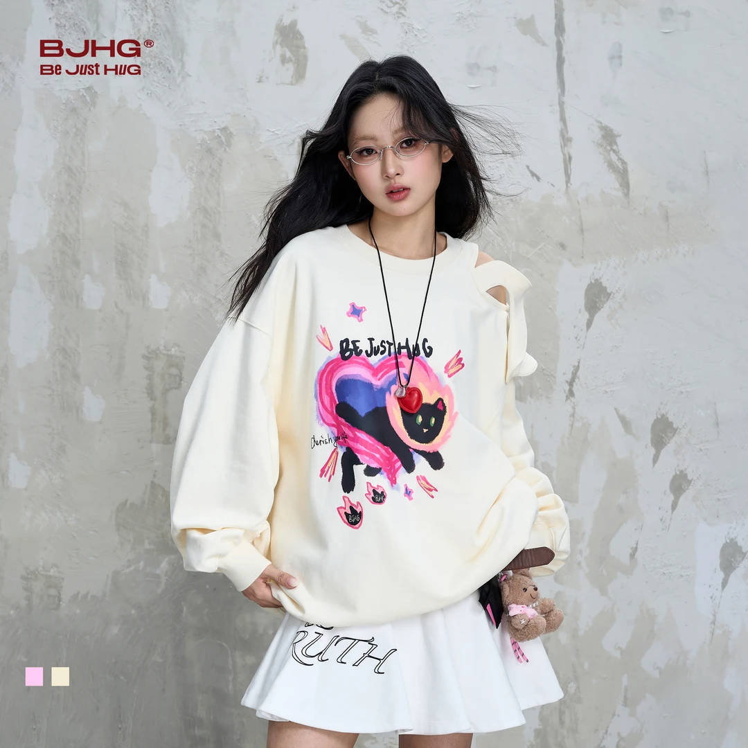 BJHG不计后果美式重磅圆领露肩卫衣女春季潮牌韩系慵懒风宽松上衣