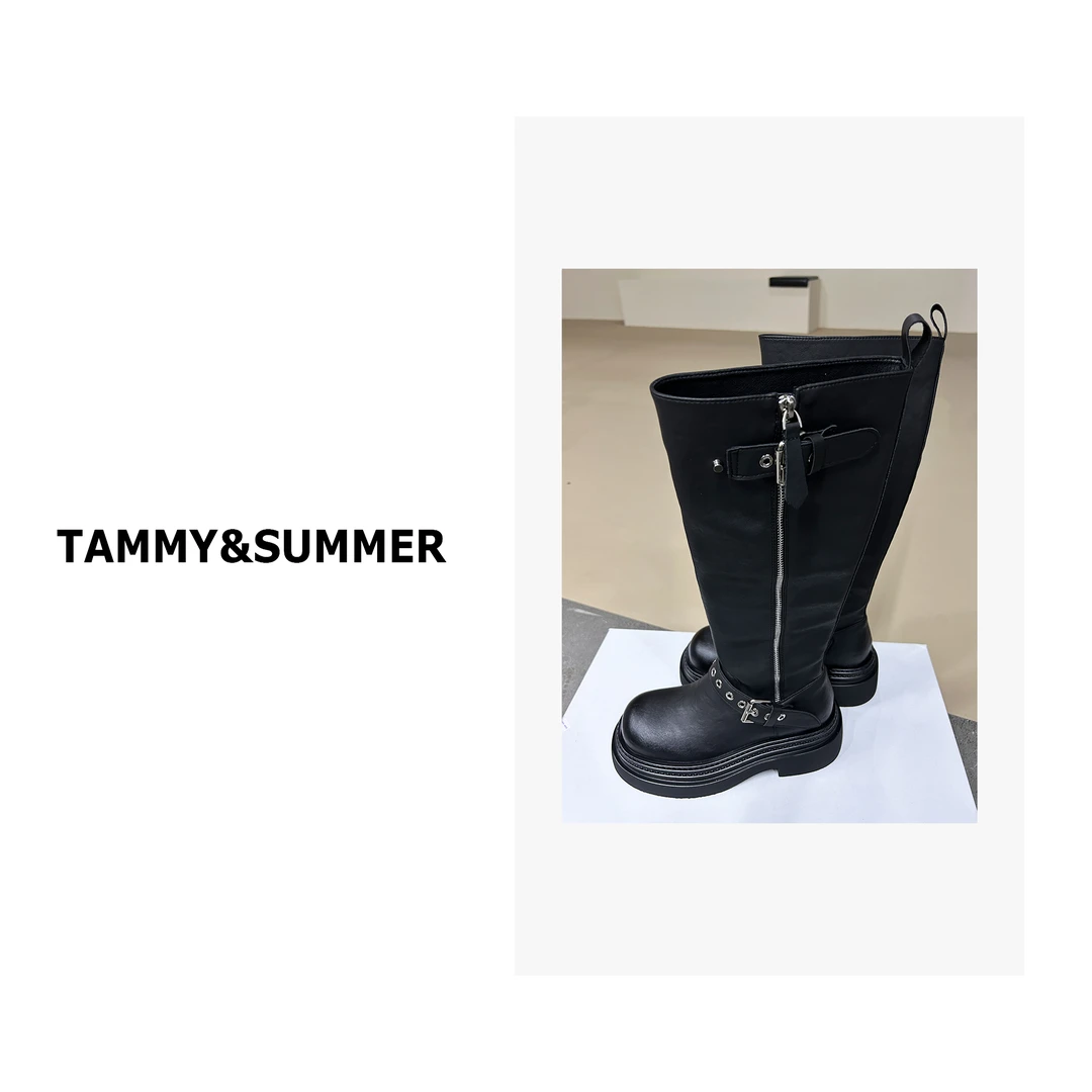 【Tammy&Summer】时尚个性百搭厚底长靴黑色侧拉链骑士靴长靴1091
