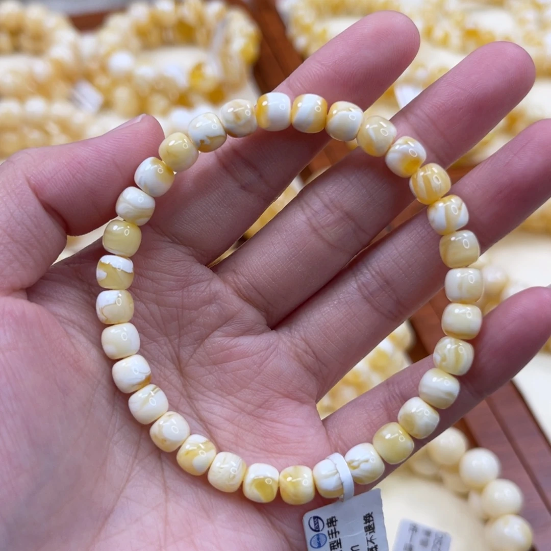 蜜蜡未镶嵌手链6.5*6mm漆瓷白沁色花蜡