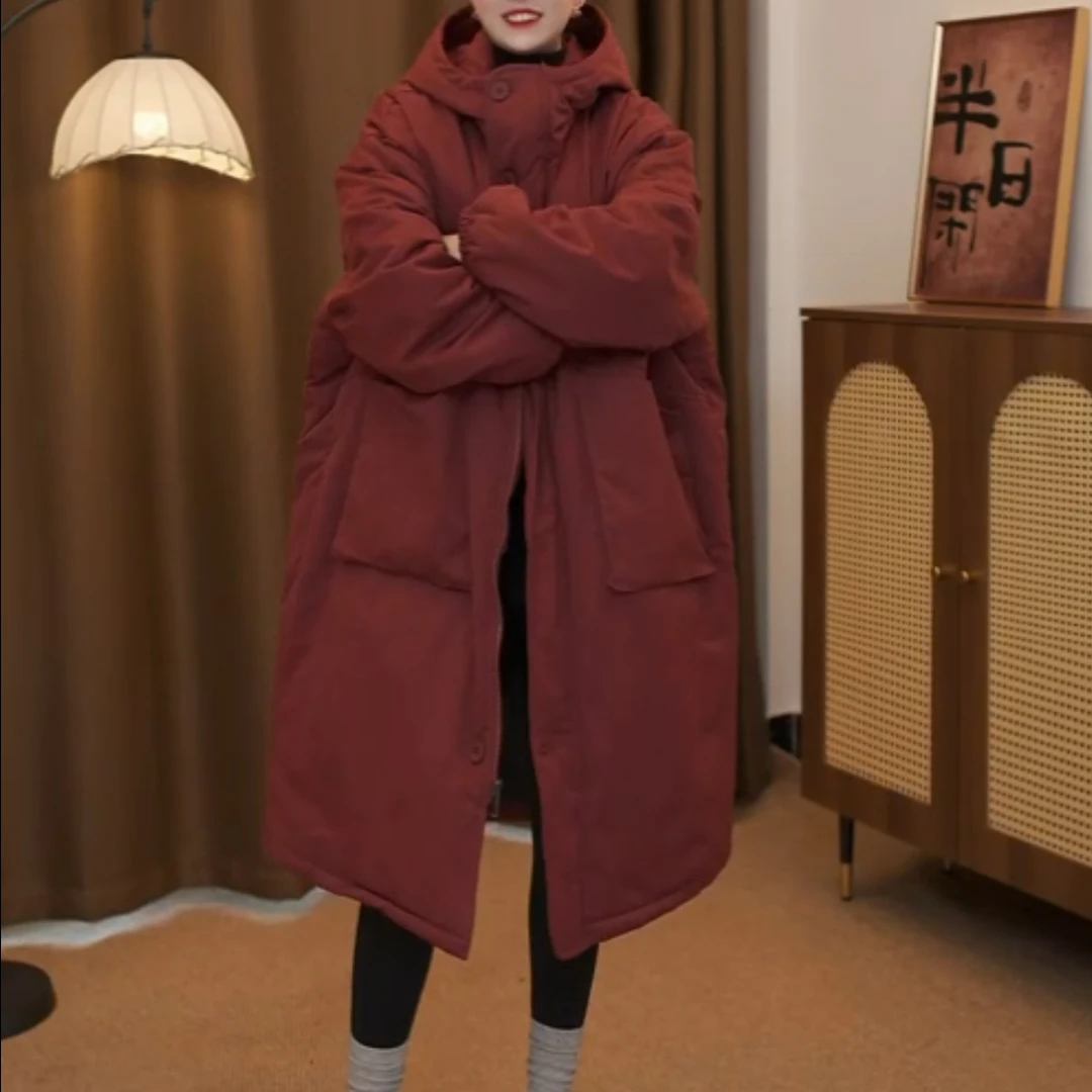 冬季新款连帽长款时尚休闲宽松保暖四口袋百搭气质棉衣25092