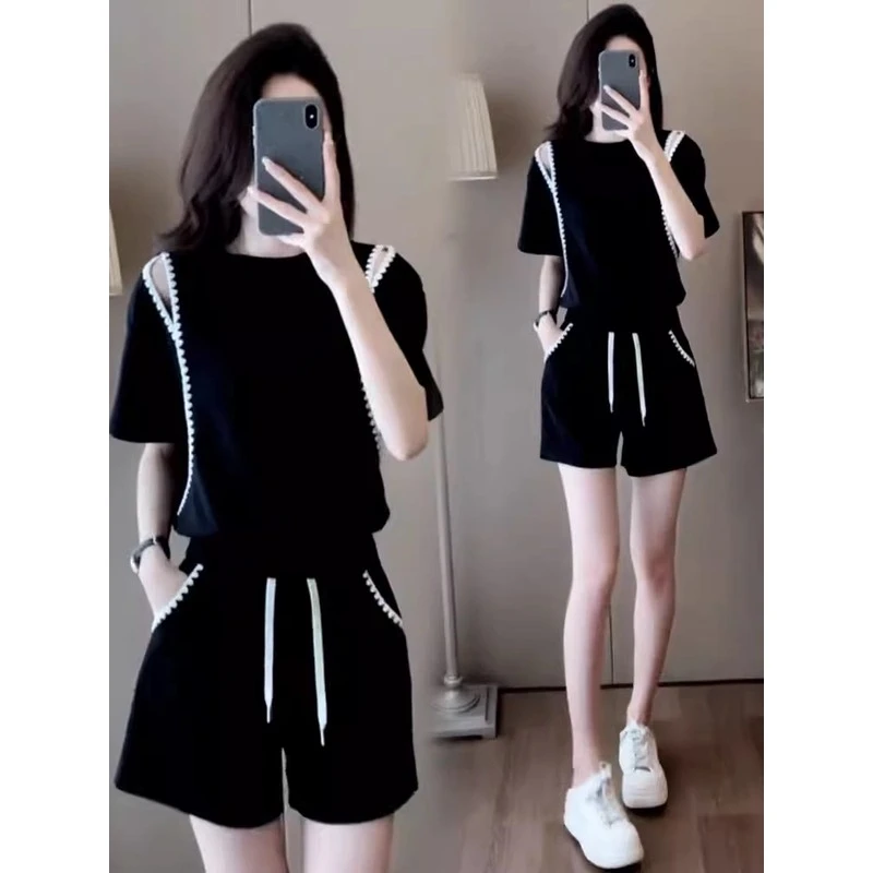 休闲运动服套装女2024夏季新款露肩短袖小个子爆款高腰短裤两件套