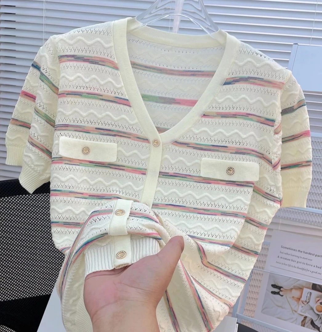 宽松显瘦（80-160斤）2025新款冰丝针织衫短袖镂空夏薄款上衣假开衫