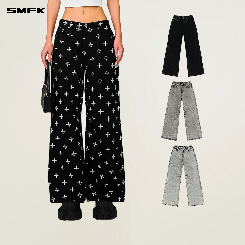 SMFK十字经典阔腿牛仔裤 PD005BJ 复古休闲百搭显瘦时尚直筒长裤