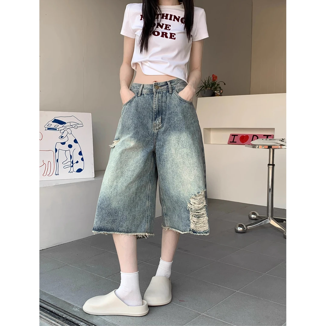 微胖mm美式复古破洞七分牛仔裤女夏季新款做旧高腰宽松直筒短裤子