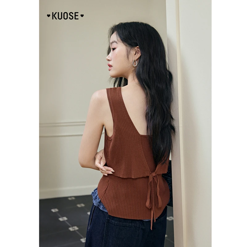 阔色针织内搭吊带背心女2025夏新款镂空后背绑带上衣秋KSJ2505019