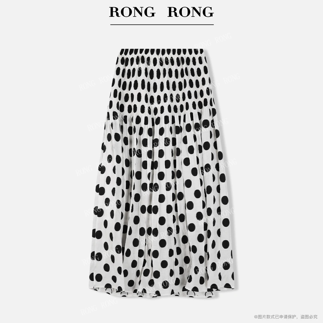 溶溶【波点画鸢】RONGRONG 高腰法式田园风波点褶皱半身裙E-B0079