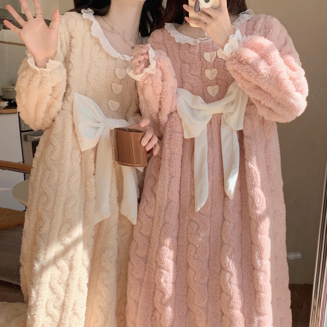 公主风睡裙女秋冬季珊瑚绒加绒加厚甜美可爱法兰绒中长款冬款睡衣
