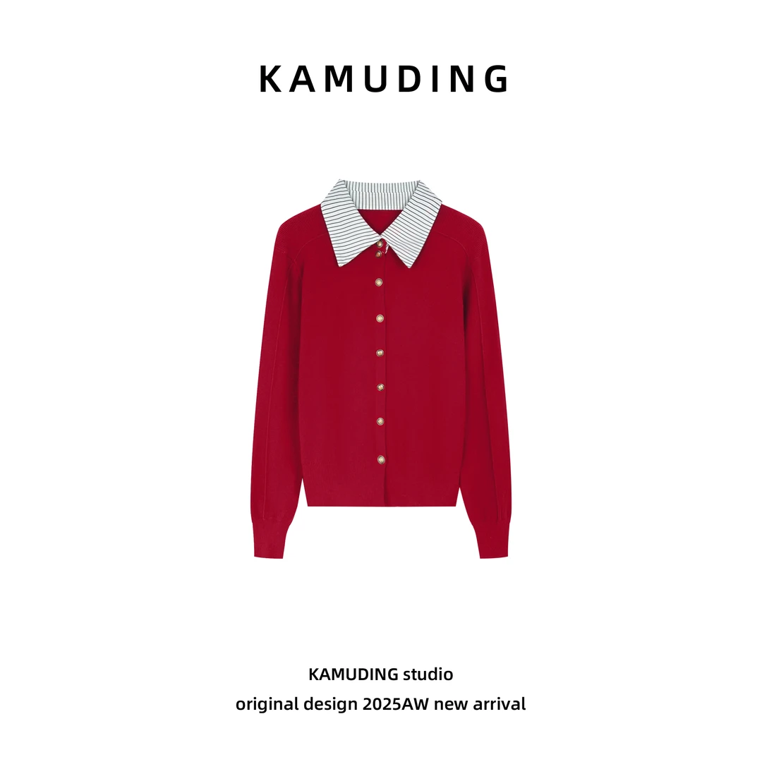 KAMUDING2025新款A23小众时尚休闲显瘦百搭拼接翻领针织衫26004H