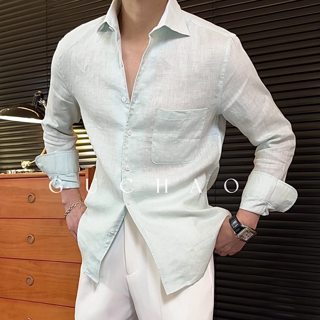 【Gc-古潮】--夏季-意式纯色亚麻温莎领透气轻奢长袖衬衫