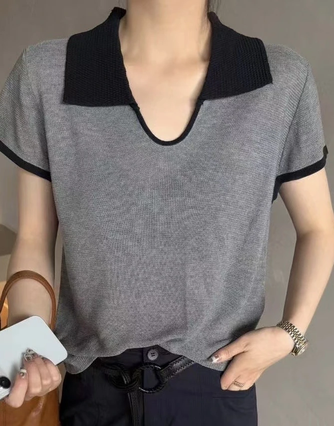 拼色短袖翻领针织衫常规款