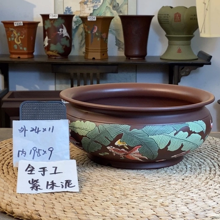 紫砂花盆 全手工紫朱泥彩绘金玉满堂