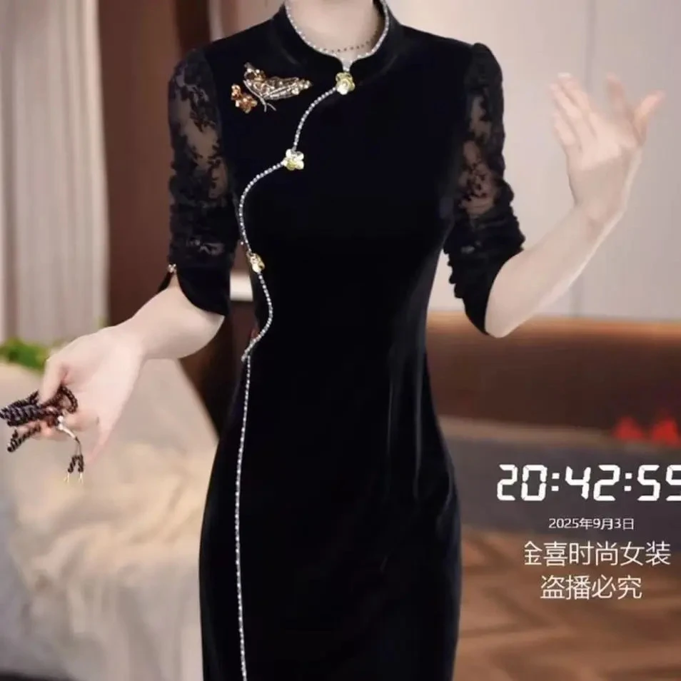 高级卡丹绒新中式改良优雅旗袍裙2025秋季新款气质时尚遮肚连衣裙