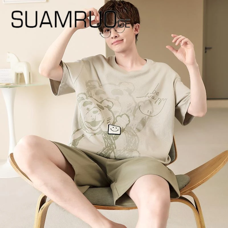 韩版小众可外穿睡衣男夏季纯棉短袖短裤青少年学生大码家居服套装