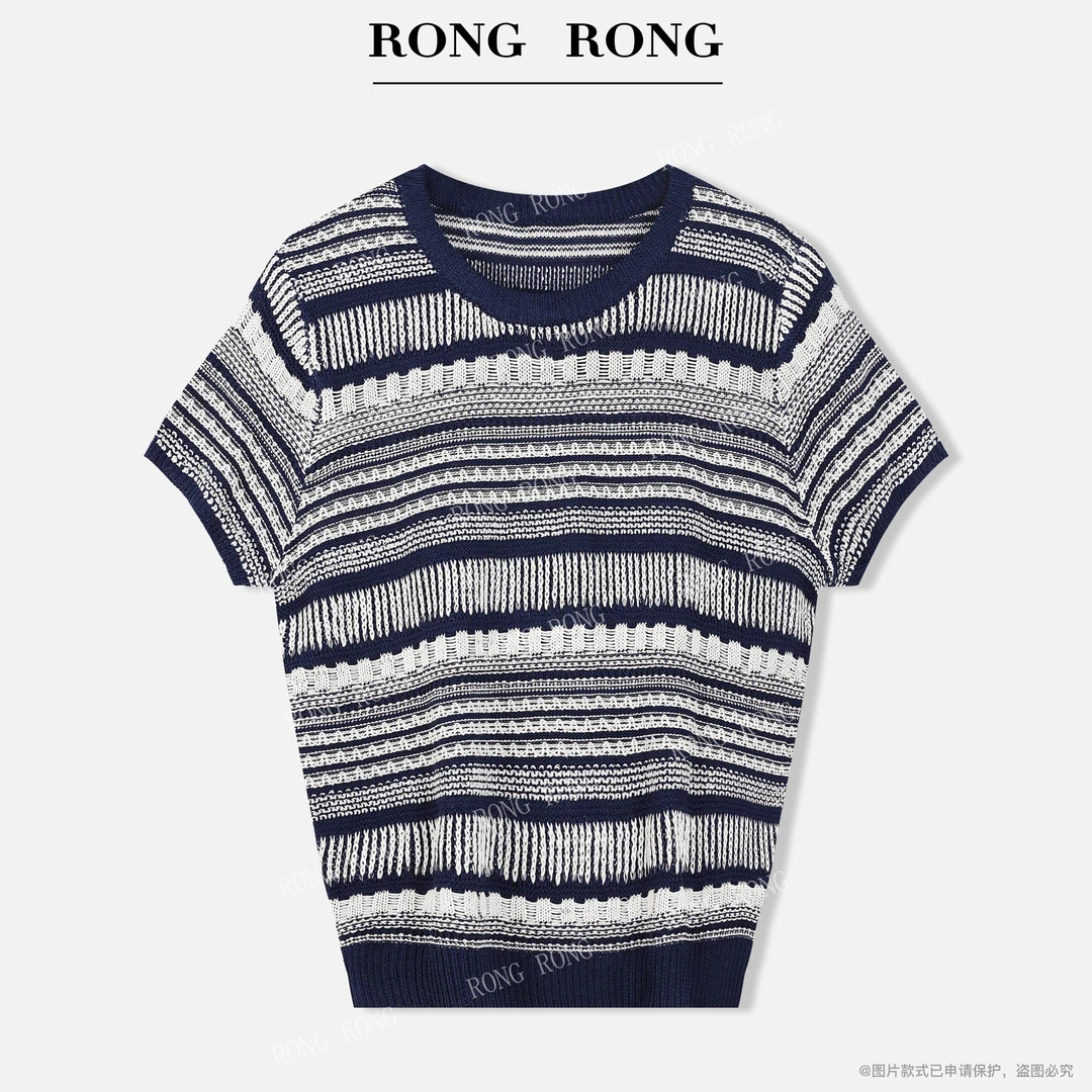 溶溶J【暮夏花絮】RONGRONG 莱赛尔亚麻色织提花短袖针织衫DK98021
