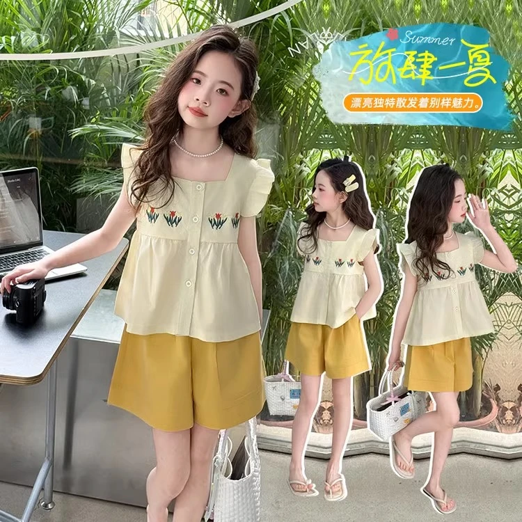 女童套装夏款纯棉小衫甜美洋气花朵刺绣飞袖上衣短裤儿童装两件套