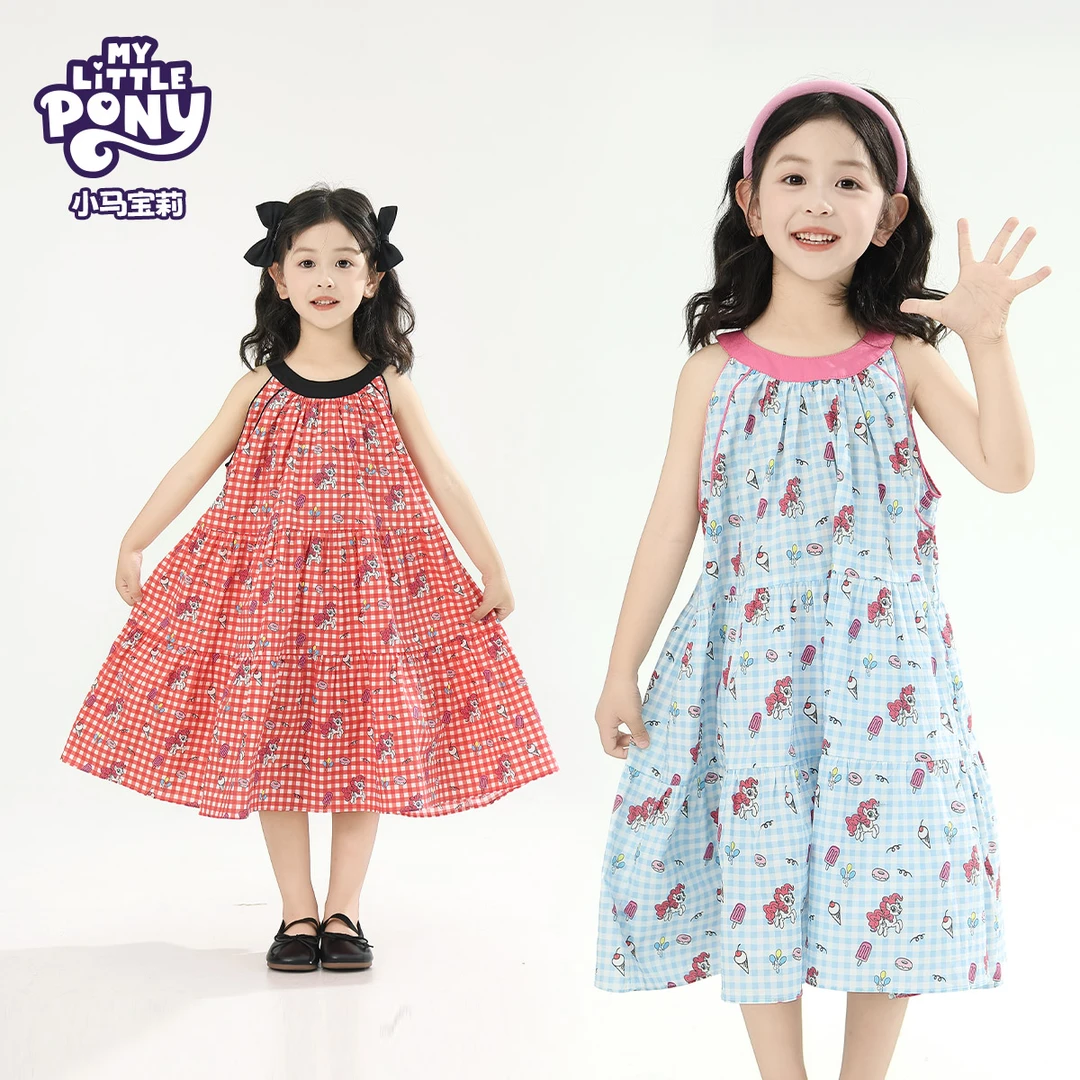 小马宝莉童装女童夏季格子连衣裙2025夏季新款纯棉卡通可爱公主裙