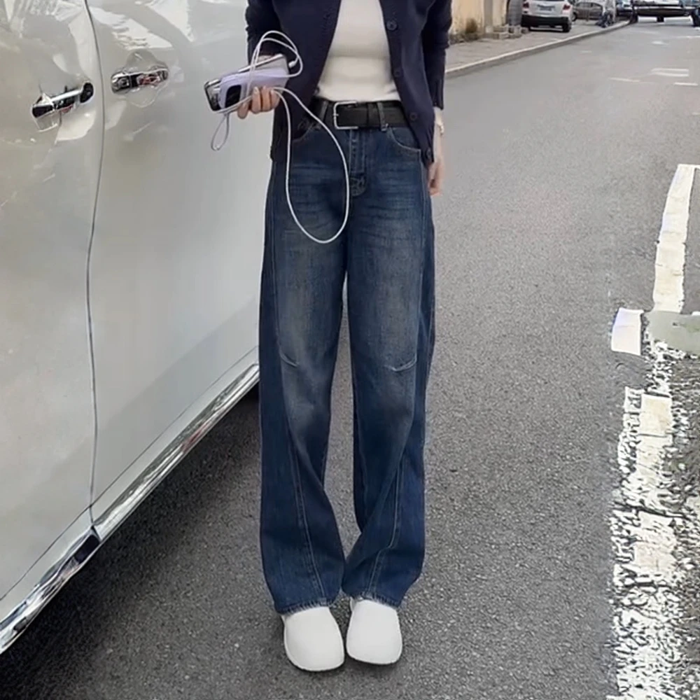 复古蓝色直筒牛仔裤女2025秋季新款高腰宽松显瘦窄版阔腿拖地裤子