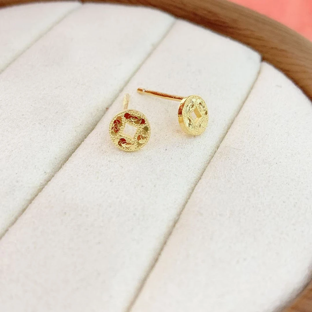 足银耳饰 足银999黄色钱币耳钉