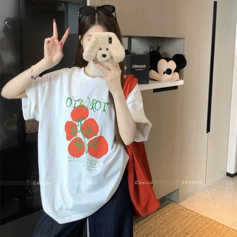 慵懒风宽松水果印花短袖T恤女夏季减龄chic显瘦百搭上衣