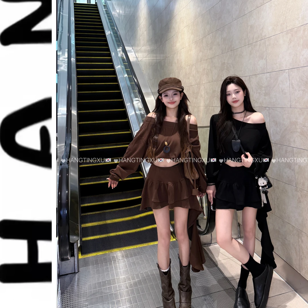 【淡颜女友】韩版新款休闲百搭显瘦斜肩卫衣+高腰显瘦蛋糕裙套装