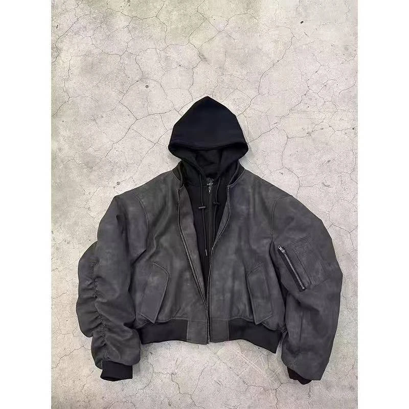 春季重磅加厚连帽宽松假俩件镰刀修褶皱男女情侣休闲夹克