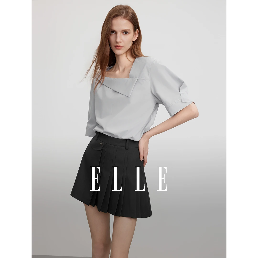 ELLE法式不规则衬衫女2025夏日穿搭优雅设计感通勤短上衣EM51652