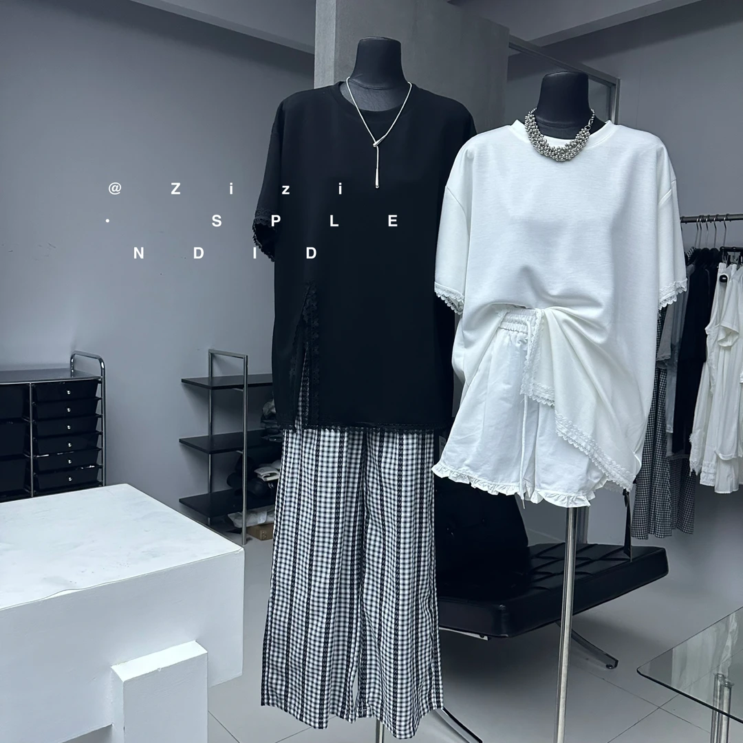 ZiZi 福秒（9Zi1668#)面料巨舒服 蕾丝拼接开叉大版T恤9-68