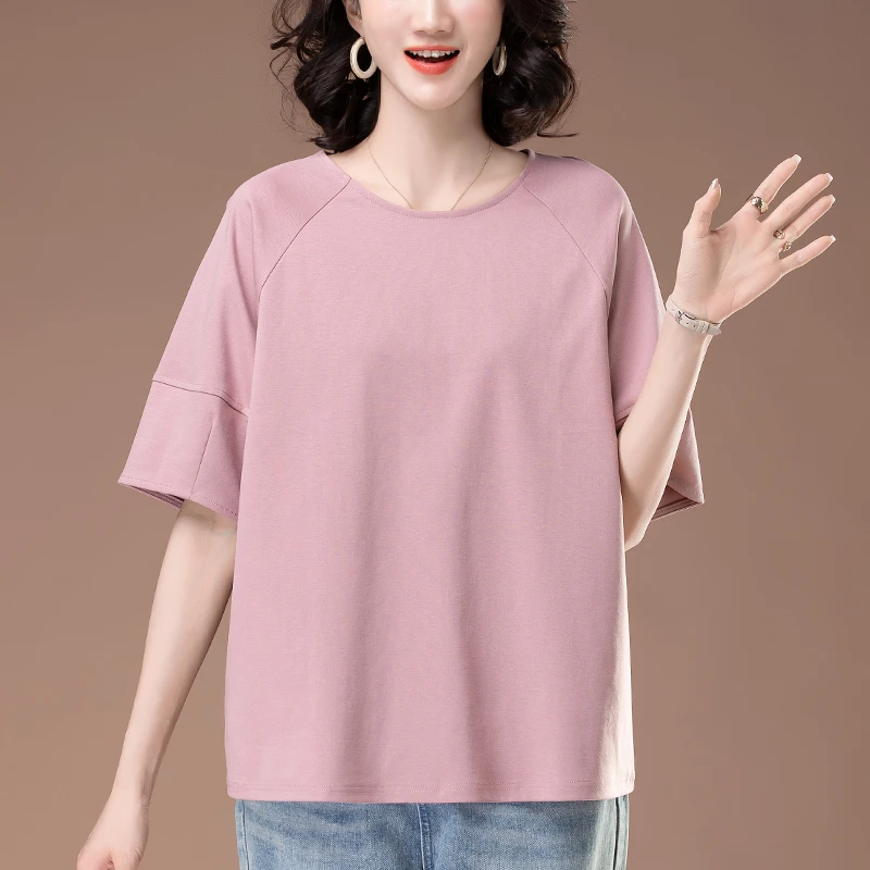 短袖t恤女夏季新款加肥加大码女装宽松中年妈妈纯色全棉半袖体恤