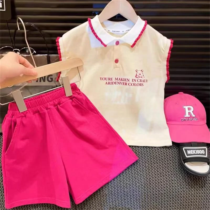 跨境女童短袖五分裤套装甜美纯棉短裤带裤袋包腰衣服两件套潮