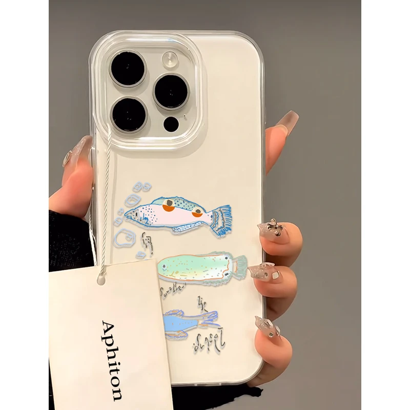 奥菲顿涂鸦三条小鱼适用iPhone16大孔手机壳华为vivo小米15oppo套