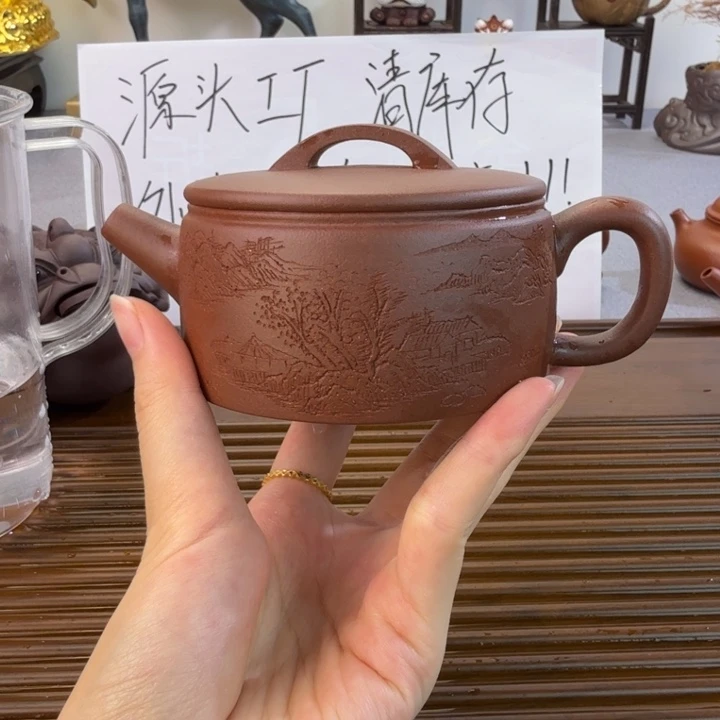 茶壶紫砂紫泥全手汉瓦刻绘