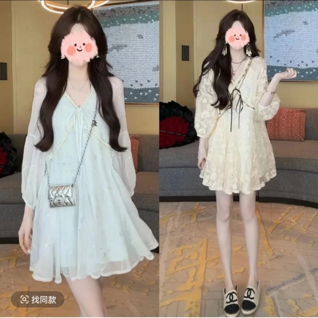 2025夏季新款女士法式时尚洋气连衣裙小个子漂亮显瘦气质V领裙子