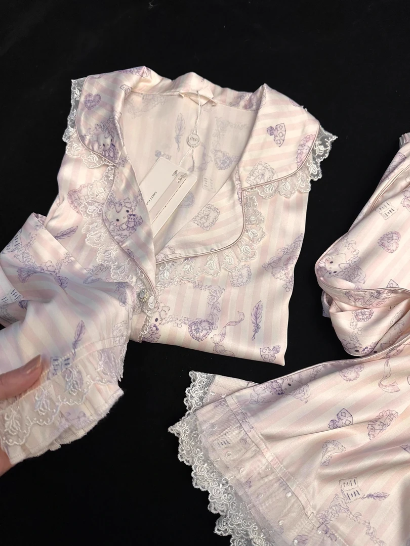 纯欲蕾丝花边hellokitty可爱风睡衣女秋冬开衫长袖长裤家居服套装