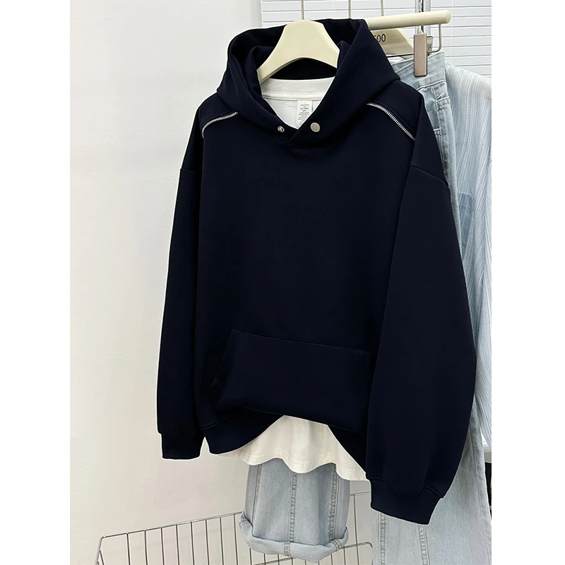大码设计感拉链重磅连帽卫衣女秋冬潮牌宽松oversize休闲帽衫外套