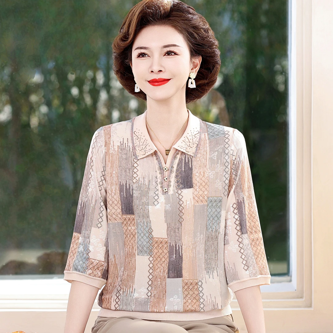 妈妈夏装七分袖薄款针织小衫上衣中老年女翻领洋气冰丝t恤打底衫