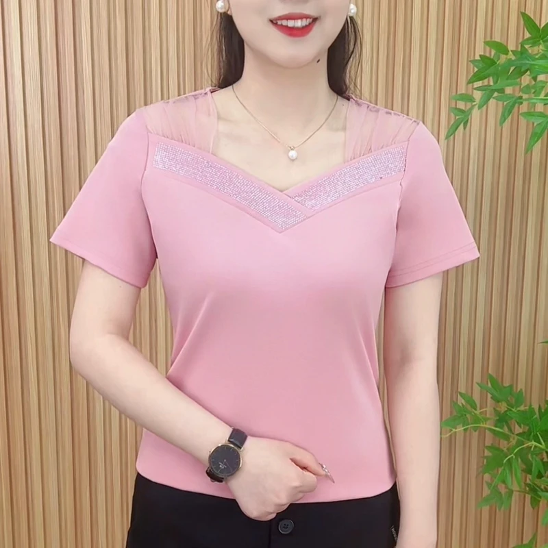 2025夏季时尚洋气新款纯色蕾丝纱肩设计休闲百搭显瘦短袖A8851