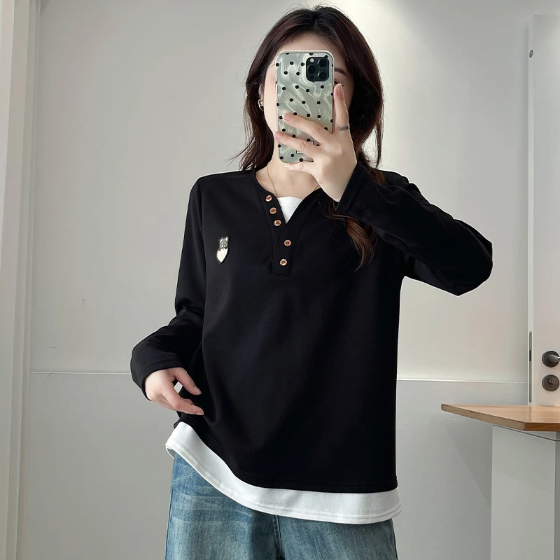大码女装秋季新款时尚假两件长袖T恤女宽松显瘦百搭胖mm洋气上衣