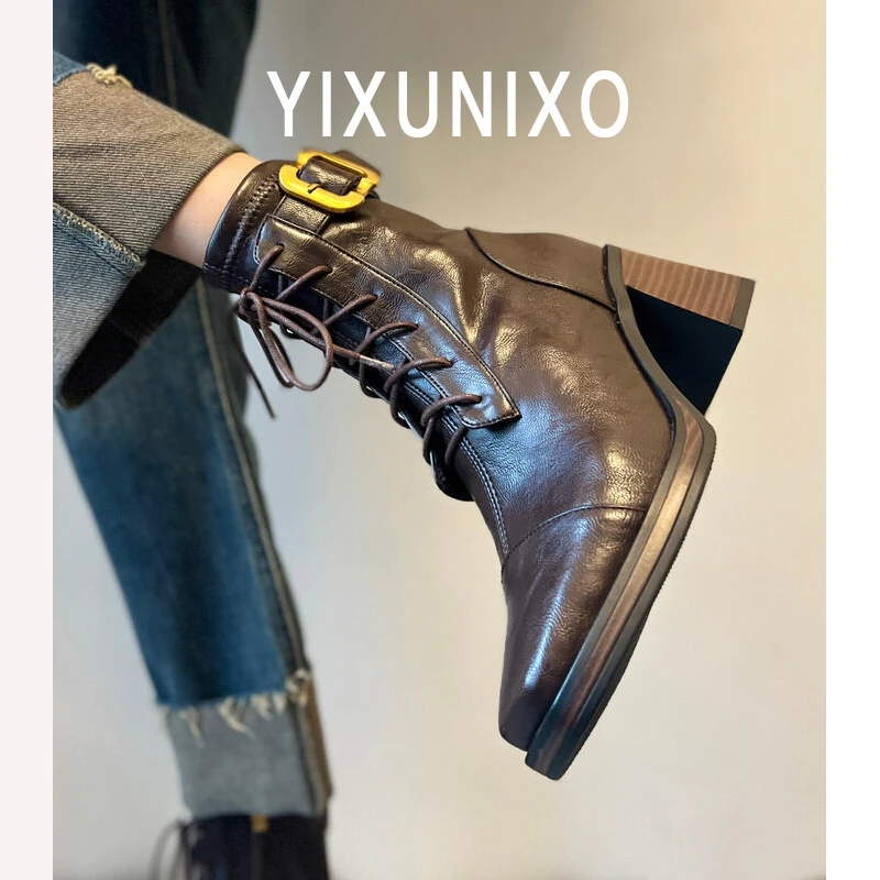 羊皮版~静音底马丁靴女气质百搭瘦瘦靴复古金属方头秋冬加绒短靴