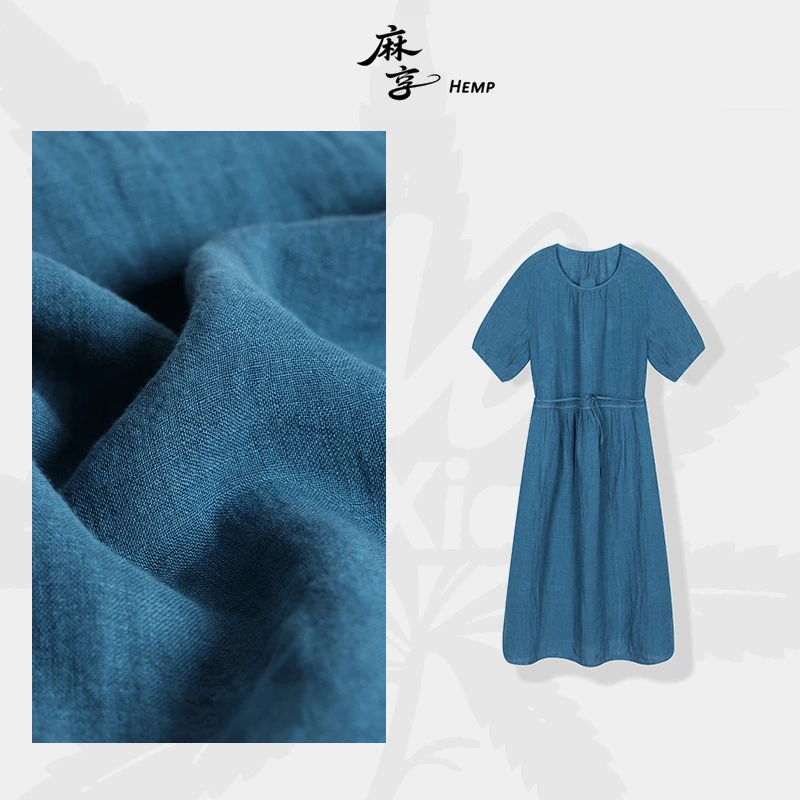 孔雀蓝夏减龄显瘦亚麻连衣裙宽松夏季圆领短袖中长裙FSY50639