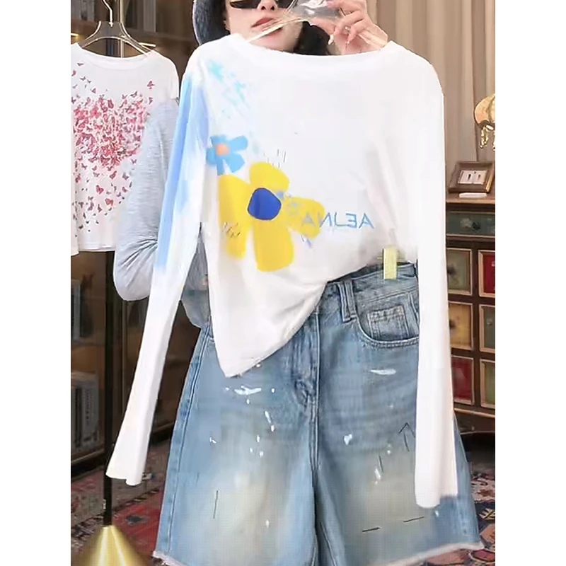 2025夏季新款女装卡通印花长袖T恤韩版时尚修身防晒透气罩衫上衣