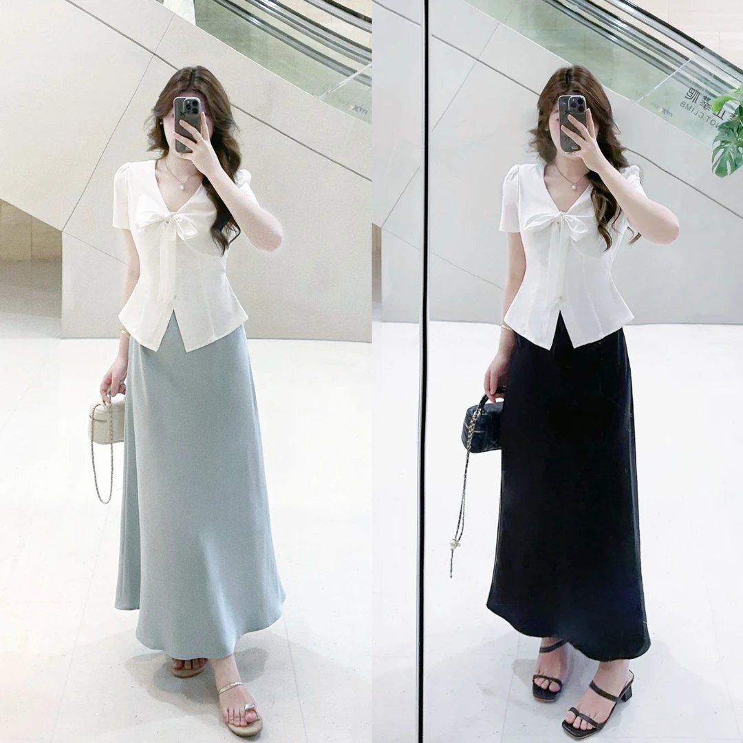 MuMu子酱法式白色蝴蝶结收腰白色上衣套装醋酸半裙WPWG92101