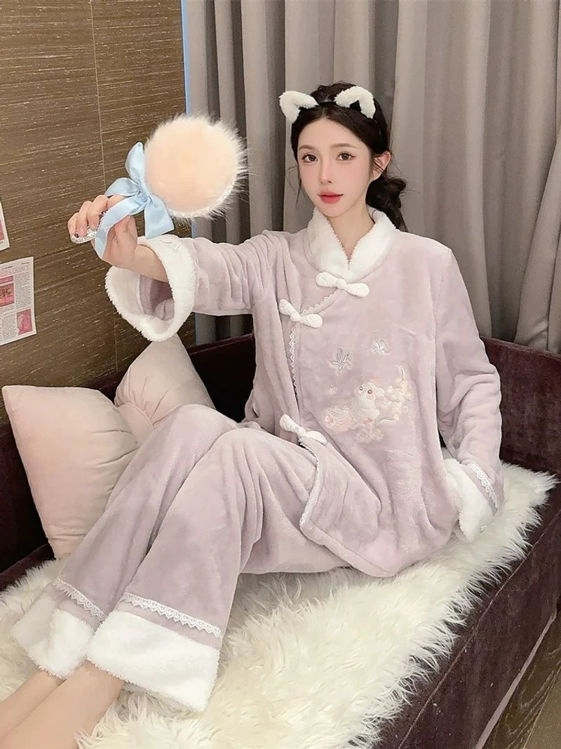 新中式珊瑚绒睡衣女秋冬季海岛绒2025新款国风立领保暖薄绒家居服