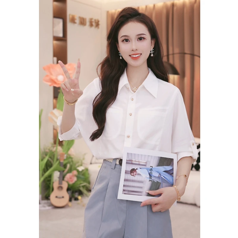 韩系气质小清新大口袋设计感衬衫上衣2025夏季新款百搭设计款短袖
