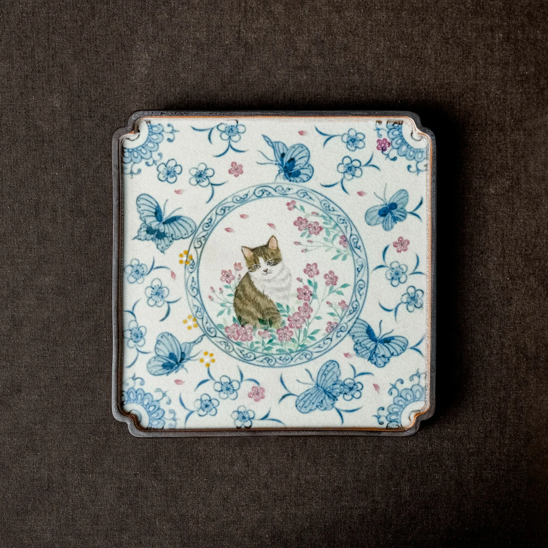 【朴云堂】猫咪蝴蝶茶盘  直径15cm（朴盘0038）