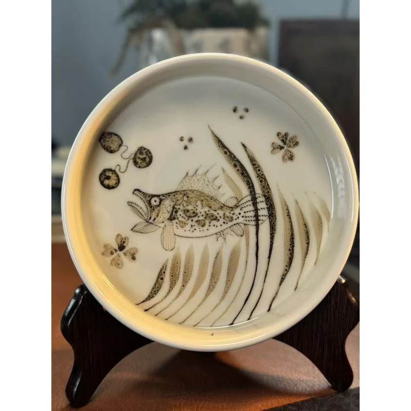A334【景墨春风】景德镇手工手绘二号釉釉里金单鳜壶承干泡台17cm