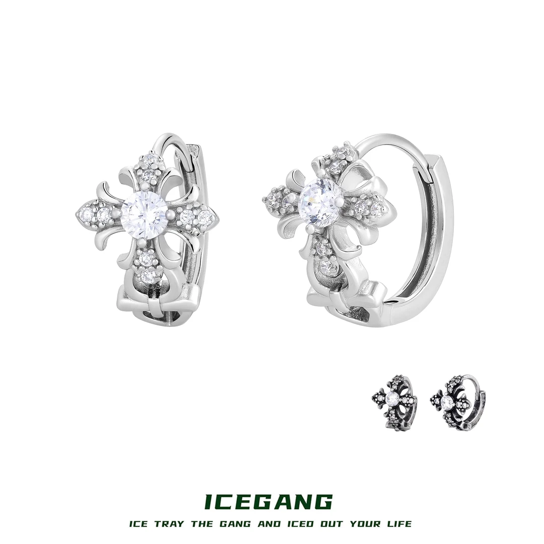 ICEGANG 925银合成锆石耳饰 S925纯银十字架耳扣复古老钱风男女